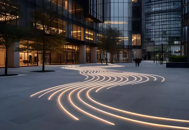Iluminaci&oacute;n lineal en suelo de plaza.