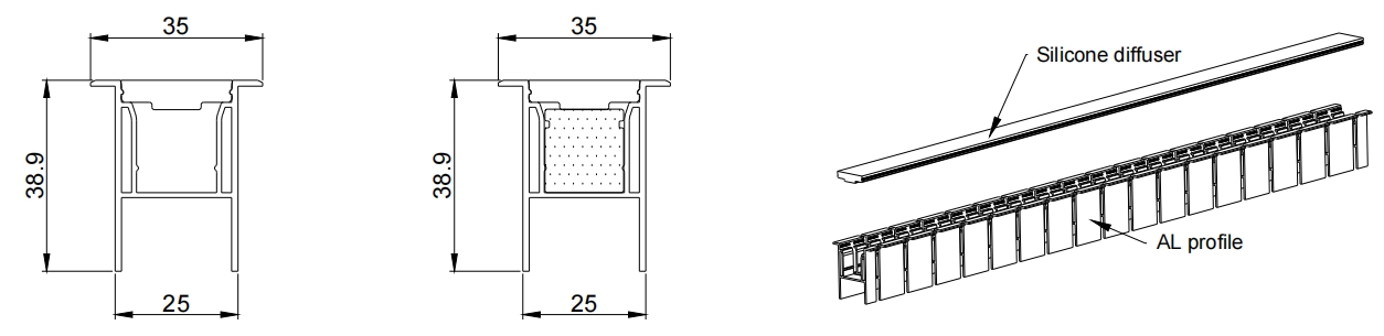 Tipo 5, perfil AL + difusor de silicona para aplicaci&oacute;n enterrada